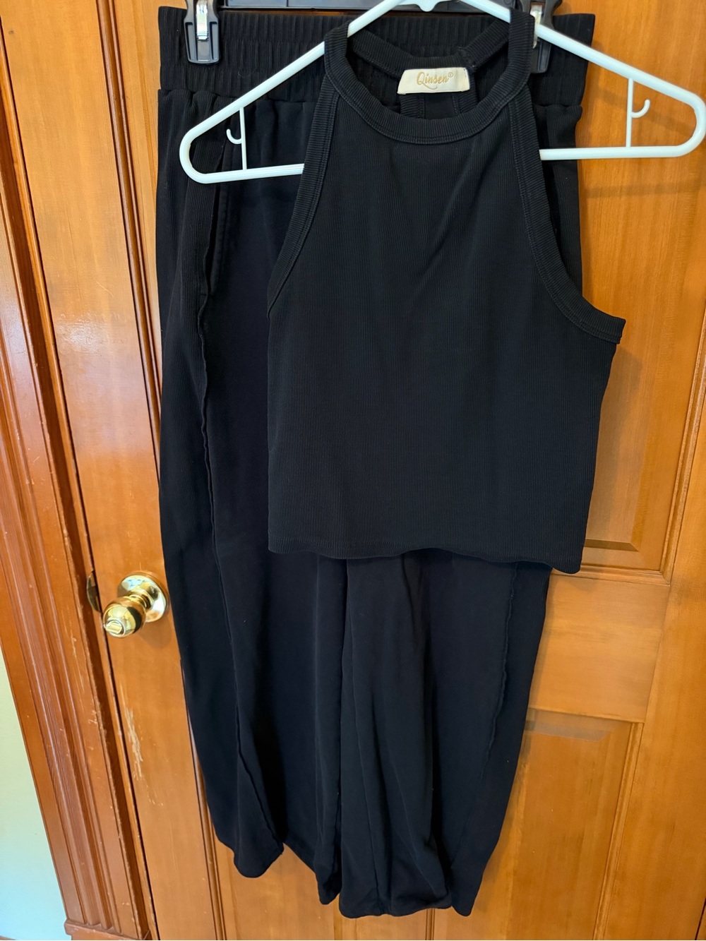 Casual Black Ribbed Halter Tank & Wide-Leg Pants Set